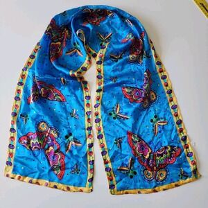 Butterfly Print 100% Silk Scarf Blue‎ Red 10" x 53" Womens Luxury Classic Preppy